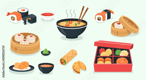 Koleksi Ilustrasi Makanan Asia: Sushi, Ramen, Dim Sum, dan Hidangan Populer Lainnya
