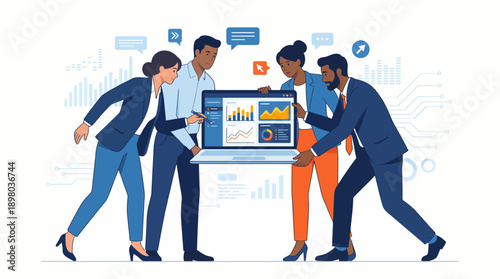 Diverse Business Team Analyzing Data Dashboard on Laptop. Corporate Collaboration, Strategy Planning, and Financial Growth Vector Illustration.
