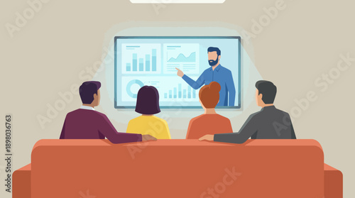 Business Team Watching Data Presentation or Webinar on Screen. Corporate Training, Meeting, and Financial Analysis Seminar in Flat Minimalist Style.