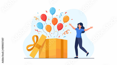 Happy Woman Opens Surprise Gift Box Bursting with Balloons, Confetti, and Festive Elements. Celebration, Birthday, Reward, Vector Illustration.