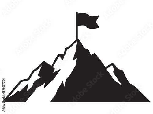 Black silhouette of mountain with flag on top  iconic symbol of achievement and success in nature