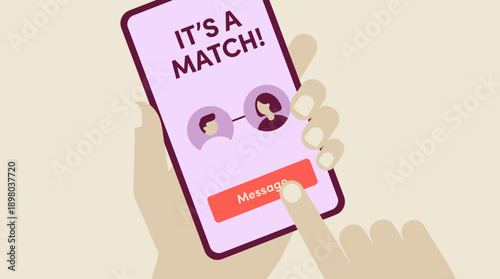 Successful Match Notification on Mobile Dating App. Hand Taps Message Button in Modern Digital Illustration.
