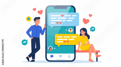 Online Dating App Chat: Man and Woman Messaging on Smartphone. Digital Connection, Virtual Relationship, and Social Networking Vector Illustration.