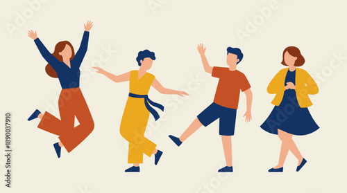 Diverse Group of Friends Jumping and Dancing. Flat Vector Illustration of Joyful People Celebrating Success, Freedom, and Teamwork.