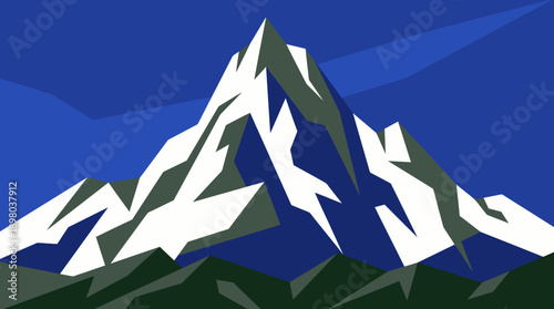 Abstract Geometric Mountain Landscape Illustration: Alpine Peak with Snow and Blue Sky in Minimalist Poster Art Style.
