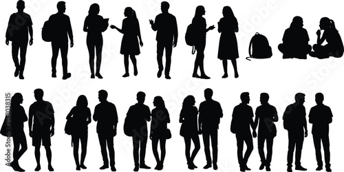 People silhouettes collection showing men and women standing walking talking sitting poses isolated vector illustration on white background