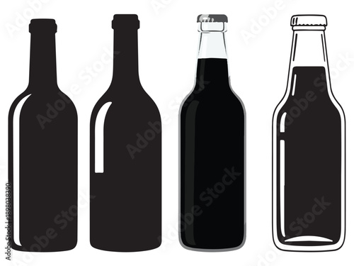 Four bottles of wine and beer in black and white illustrations  wine bottles  beer bottles