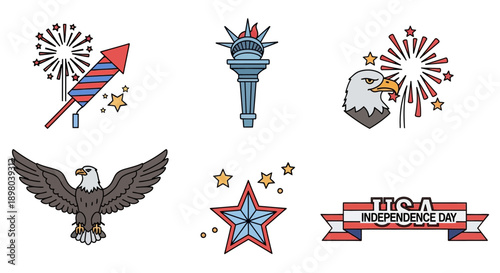 Collection of American Independence Day symbols including fireworks, eagle, Statue of Liberty torch, and star