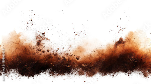 A brown cloud of dust or debris explodes upwards, isolated on a black background