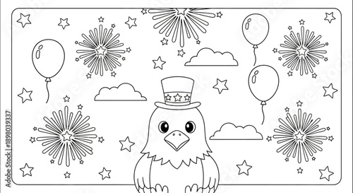 Whimsical Patriotic Eagle in a Top Hat Coloring Page Surrounded by Exploding Fireworks, Festive Balloons, and Twinkling Stars, Perfect for Celebrating Freedom