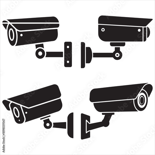 Security camera icons set  various black surveillance cameras and mounts  isolated on white background