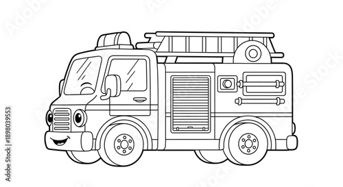 A black and white illustration of a friendly cartoon fire truck with a ladder on top and a happy face