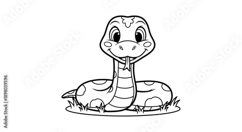 Adorable hand-drawn black and white cartoon snake illustration with a friendly smile and tongue peeking out, curled up in green grass