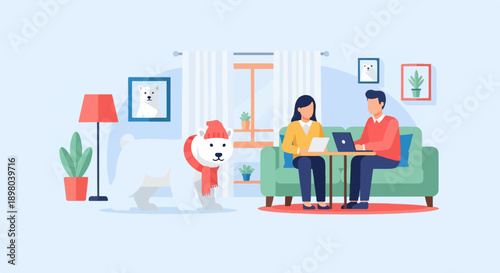 Polar bear in winter hat and scarf with couple working on laptops