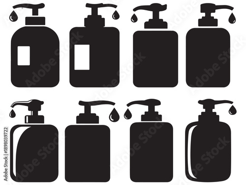 Set of black silhouettes of various dispenser bottles for liquids and gels  isolated on white background