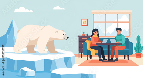 Polar bear on ice floe near people using laptops indoors