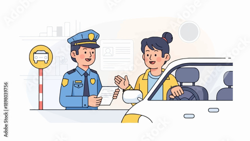 Police officer checks driver's license at a checkpoint