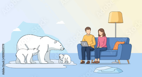 Polar bears and people coexisting in a surreal, hybrid environment