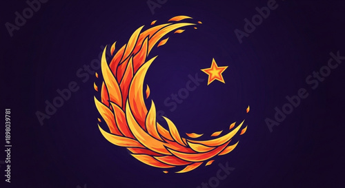 Vibrant crescent moon with fiery orange and yellow flames on dark blue background with star