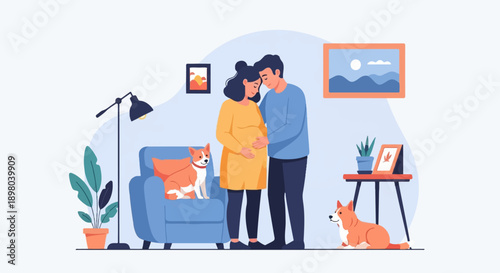 Pregnant couple with dogs in a living room