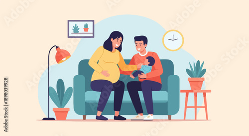 Pregnant woman and partner with baby on couch in a cozy room