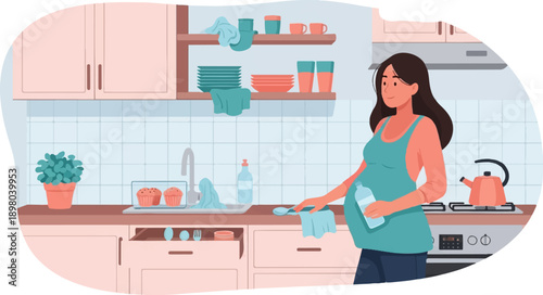 Pregnant woman cleaning in a pastel kitchen with muffins and a kettle