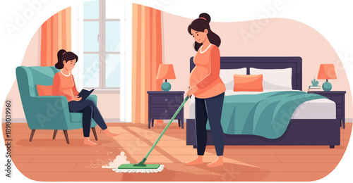 Pregnant woman cleans floor while another reads book in bedroom