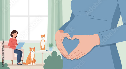 Pregnant woman forms heart shape on belly, while a woman reads and dogs sit nearby