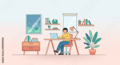 Person working on laptop at desk in a room with books and plants