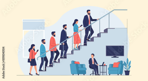 Professionals ascend stairs while one sits working in a lounge area