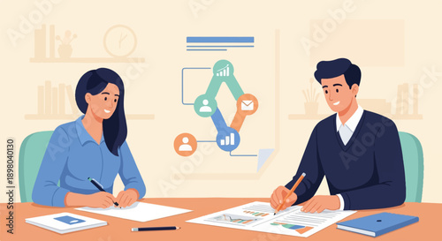 Professionals collaborate at a desk, reviewing documents and charts