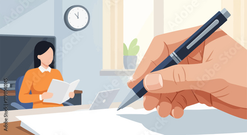 Person working at desk with a pen writing on paper and reading