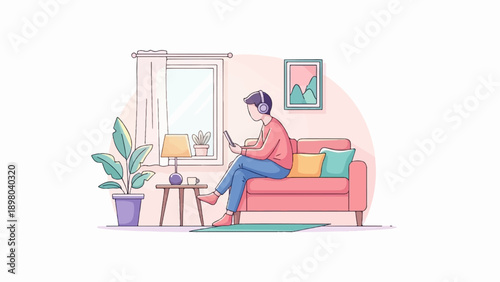 Person with headphones on couch looking at phone