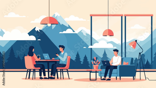 People working remotely with laptops and phones, overlooking mountains