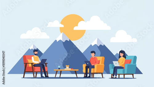 People working remotely with laptops in cozy chairs against mountain backdrop