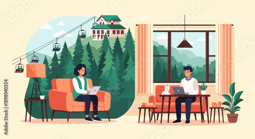 People working remotely with mountain and ski lift views