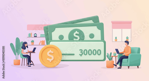 People working remotely with money and plants in a stylized room