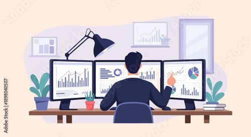 Person analyzing financial data on multiple computer screens