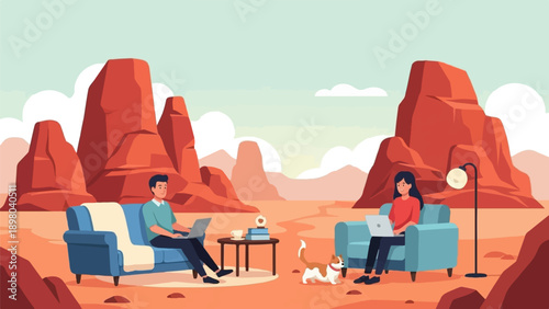 People working on laptops on sofas in desert landscape with dog