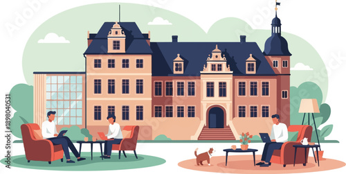 People working on laptops outside a historic building with a dog