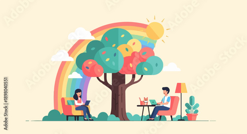 People working on laptops under a rainbow and colorful tree