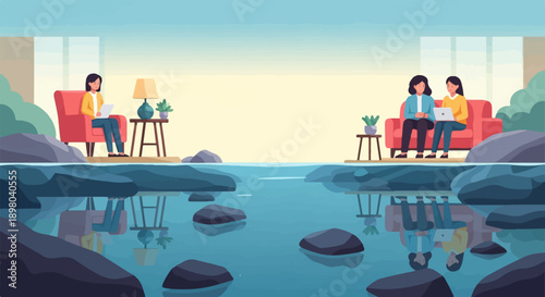 People working on laptops reflected in calm water near rocks