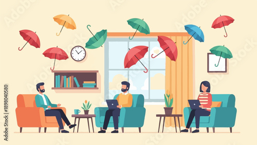 People working on laptops under floating umbrellas in a cozy living room
