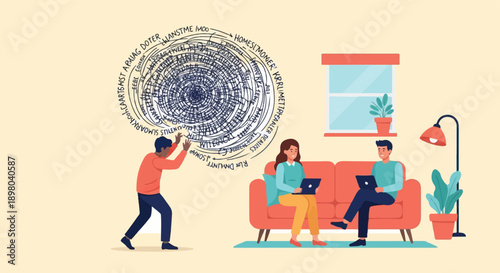 People working on laptops while a man struggles with a complex text pattern