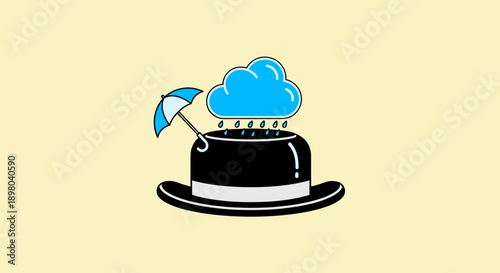 Minimalist Illustration of a Bowler Hat with a Rainy Cloud and an Umbrella for Protection on a Light Yellow Background