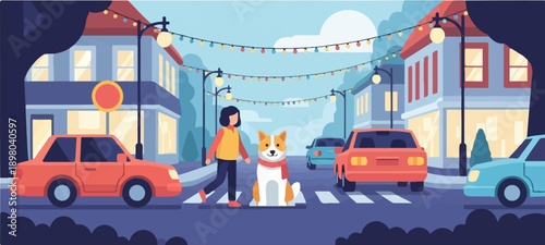 Person and corgi cross street under festive lights