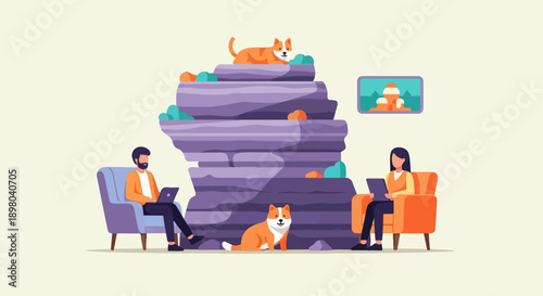 People working on laptops with dogs in a stylized rocky landscape