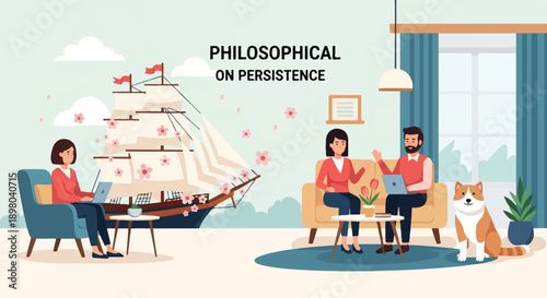 People working on laptops near a sailboat and a dog