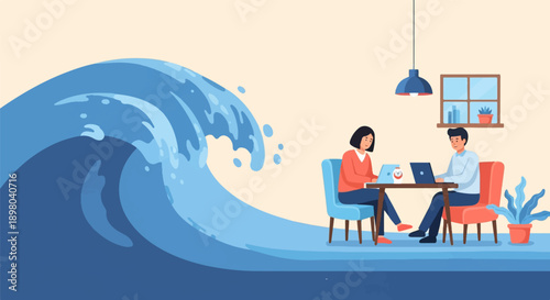 People working on laptops near a large ocean wave