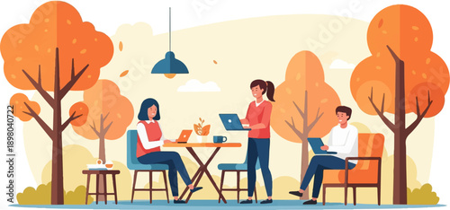 People working outdoors under autumn trees